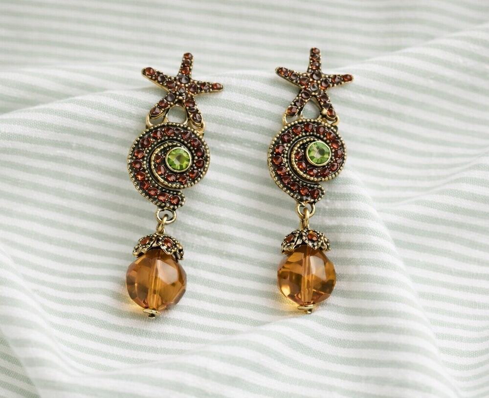 Starfish Earrings Seashell Medieval Palace Gold CZ VTG Conch Palace Amber Boho